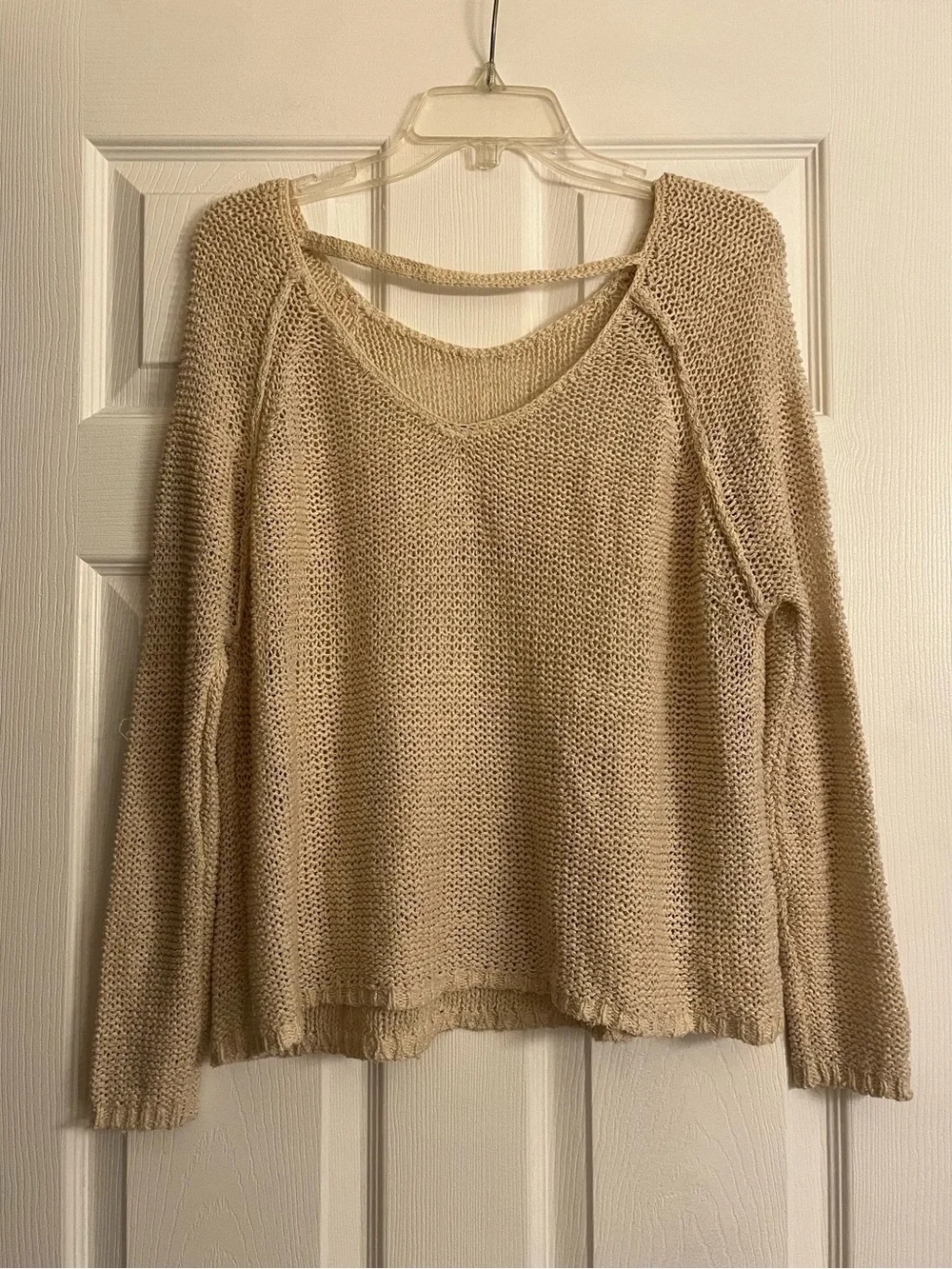 Free People Beige V-Neck Open Knit Sweater